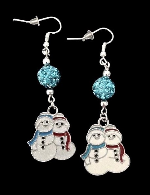 *No.1139 Snowmen and Blue Disco Ball Earrings