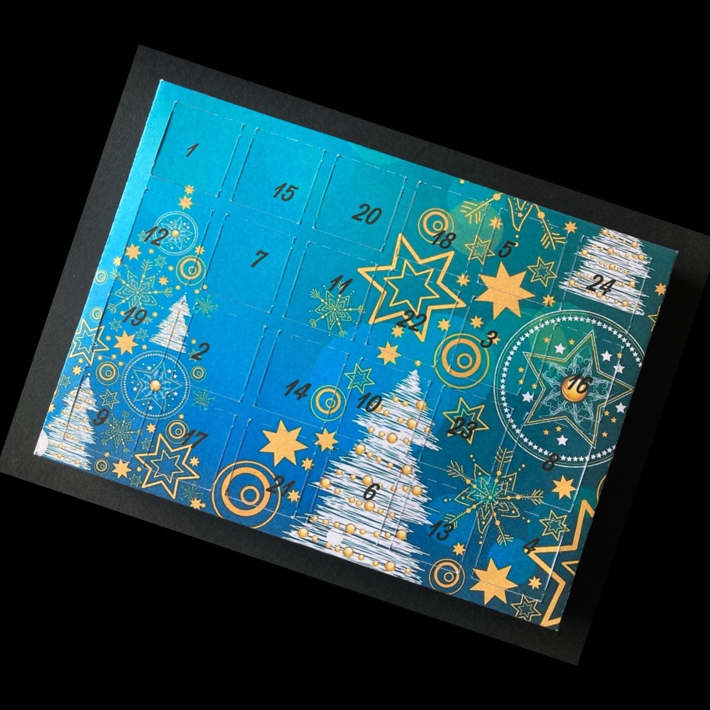 24 Day Christmas Tree and Stars Landscape Advent Calendar in Blue and Gold