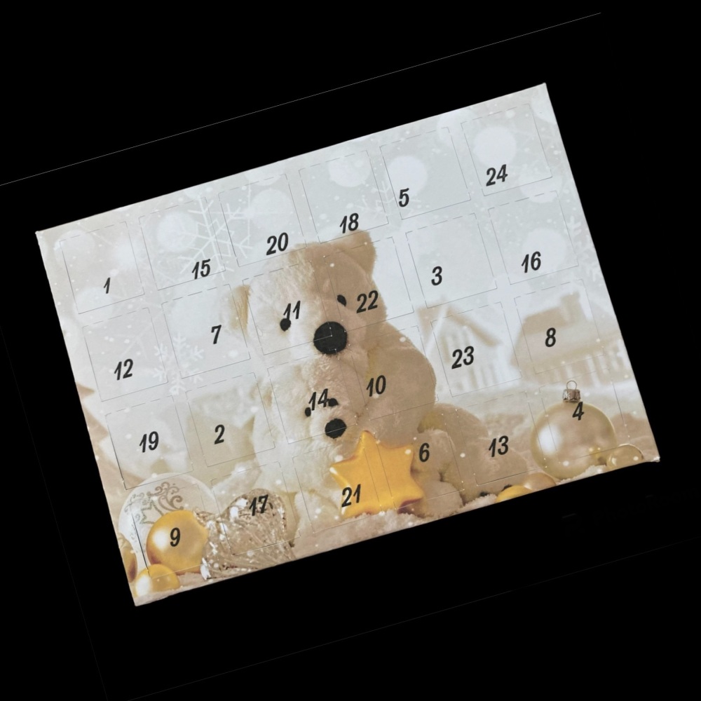 24 Day Teddy and Baubles Landscape Advent Calendar in White and Gold