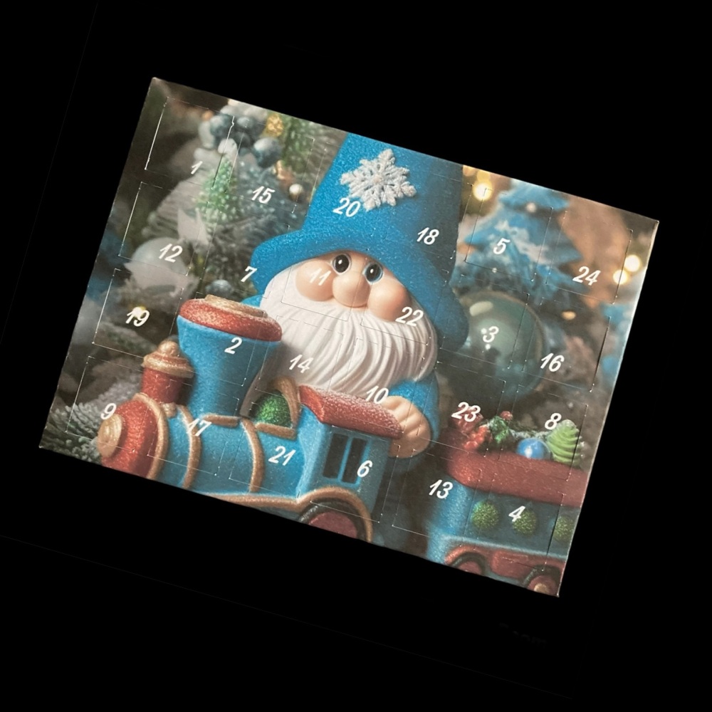 24 Day Gnome and Train Landscape Advent Calendar in Blue and White