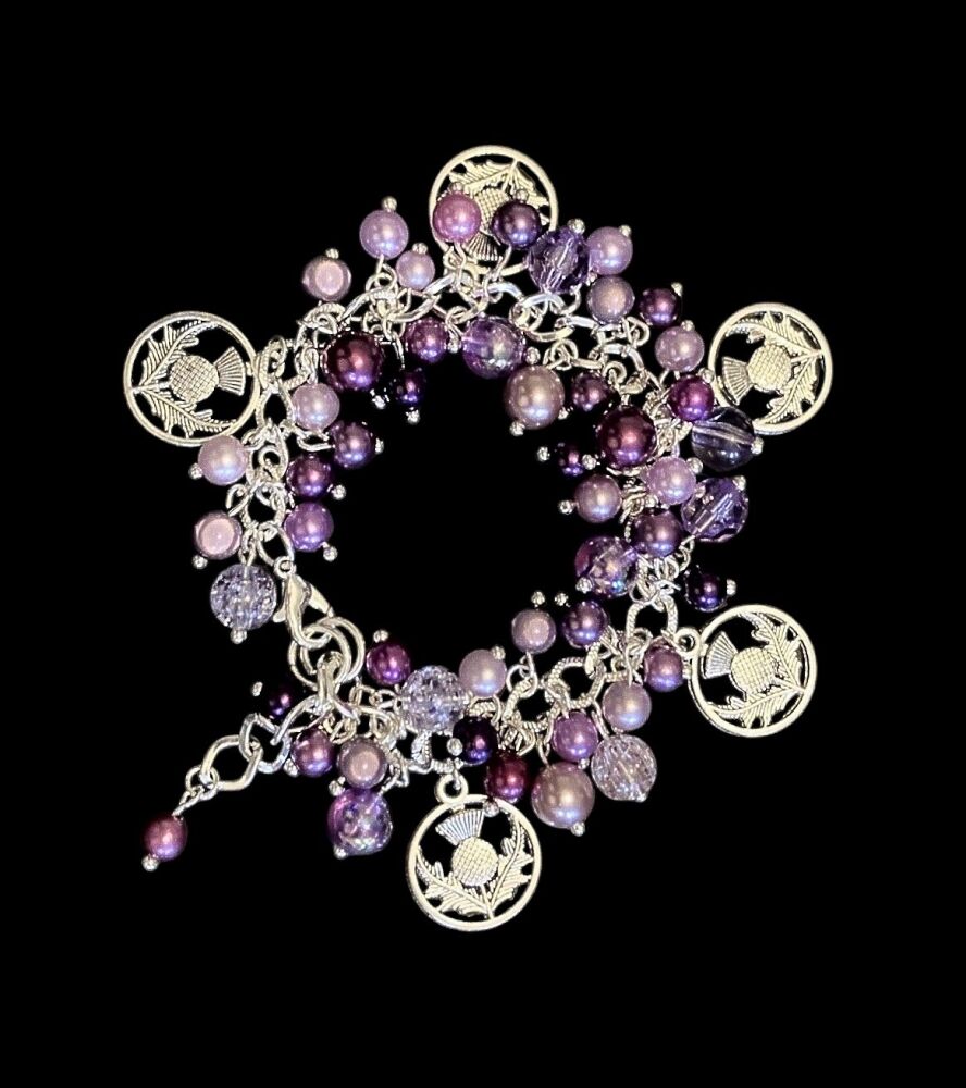 *Purple and Silver Round Thistle and Bead Charm Bracelet