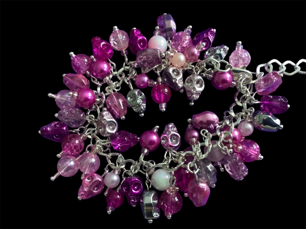 *Pink and Silver Mini Skull and Bead Charm Bracelet