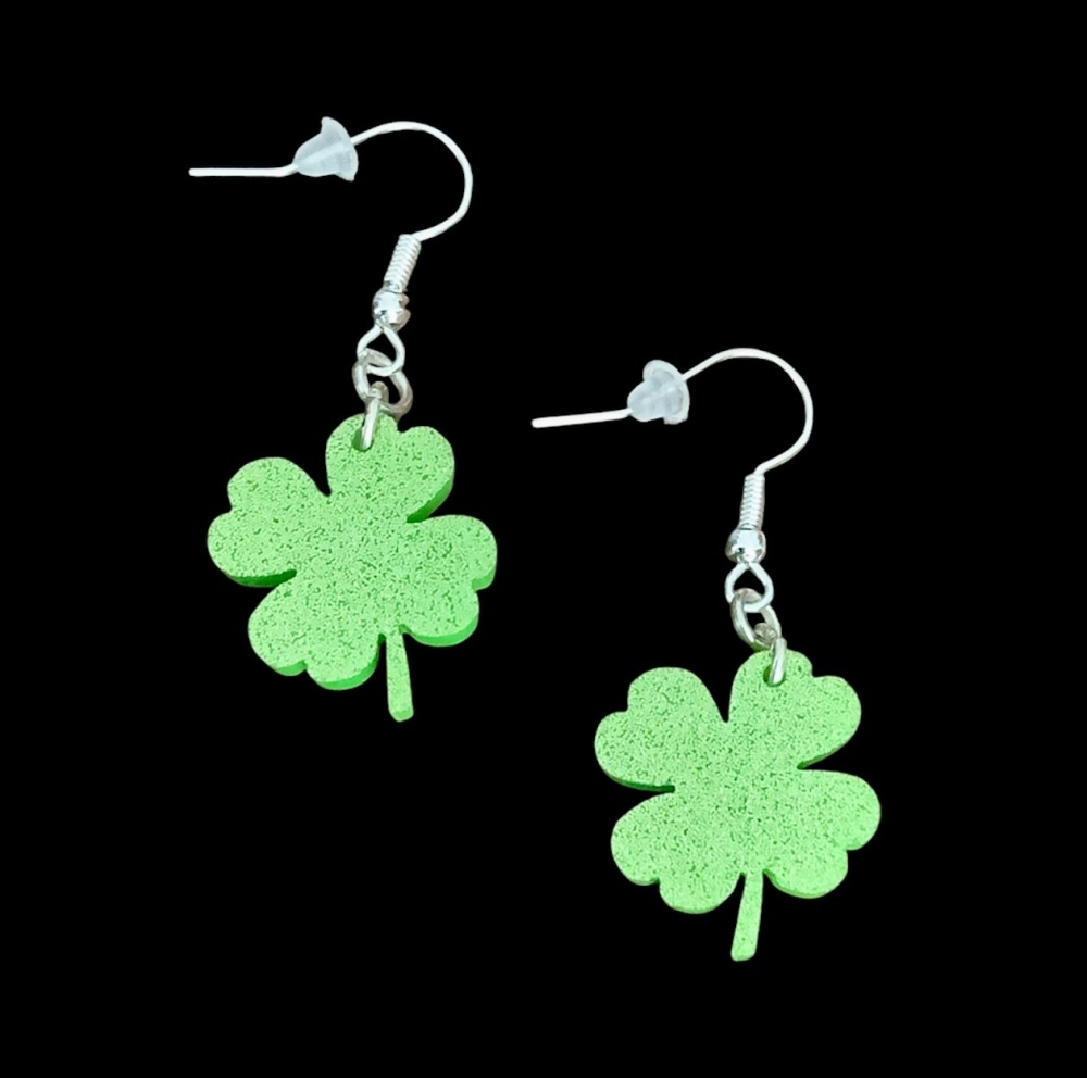 *No.379 Light Green Glittery 4 Leaf Clover Charm Earrings