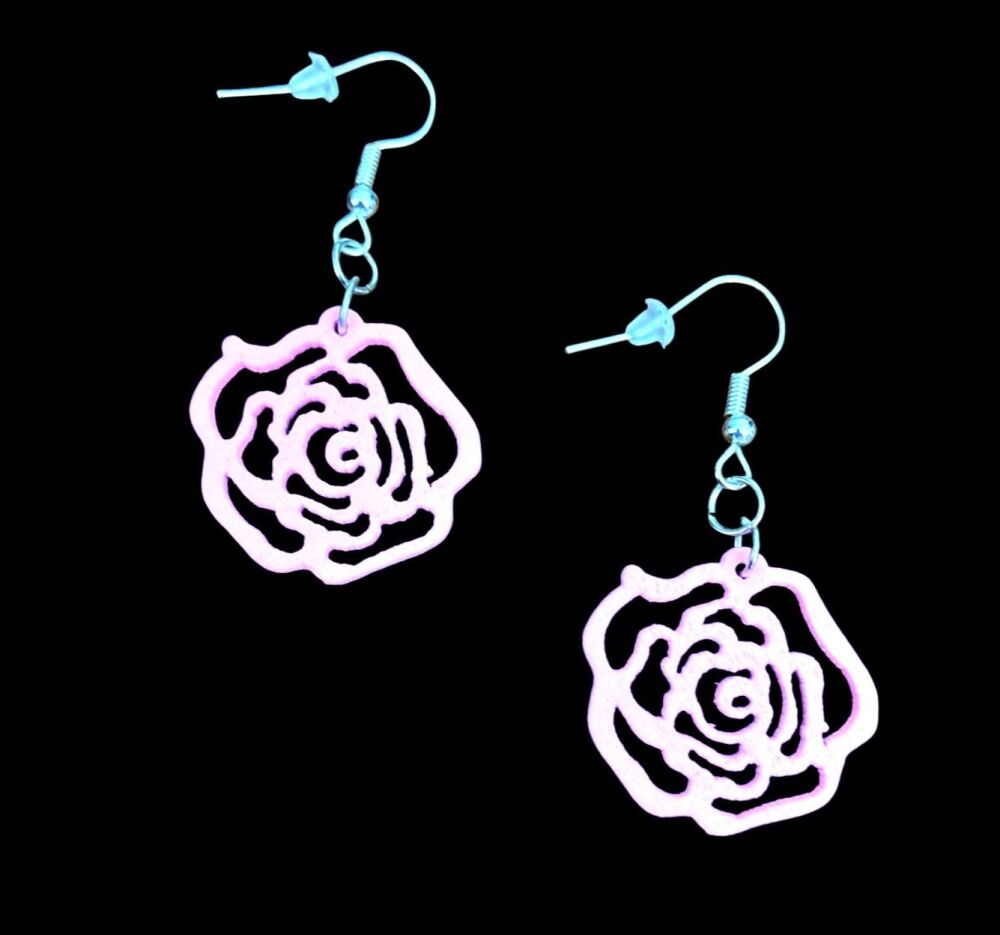 *Wooden Light Pink Rose Earrings