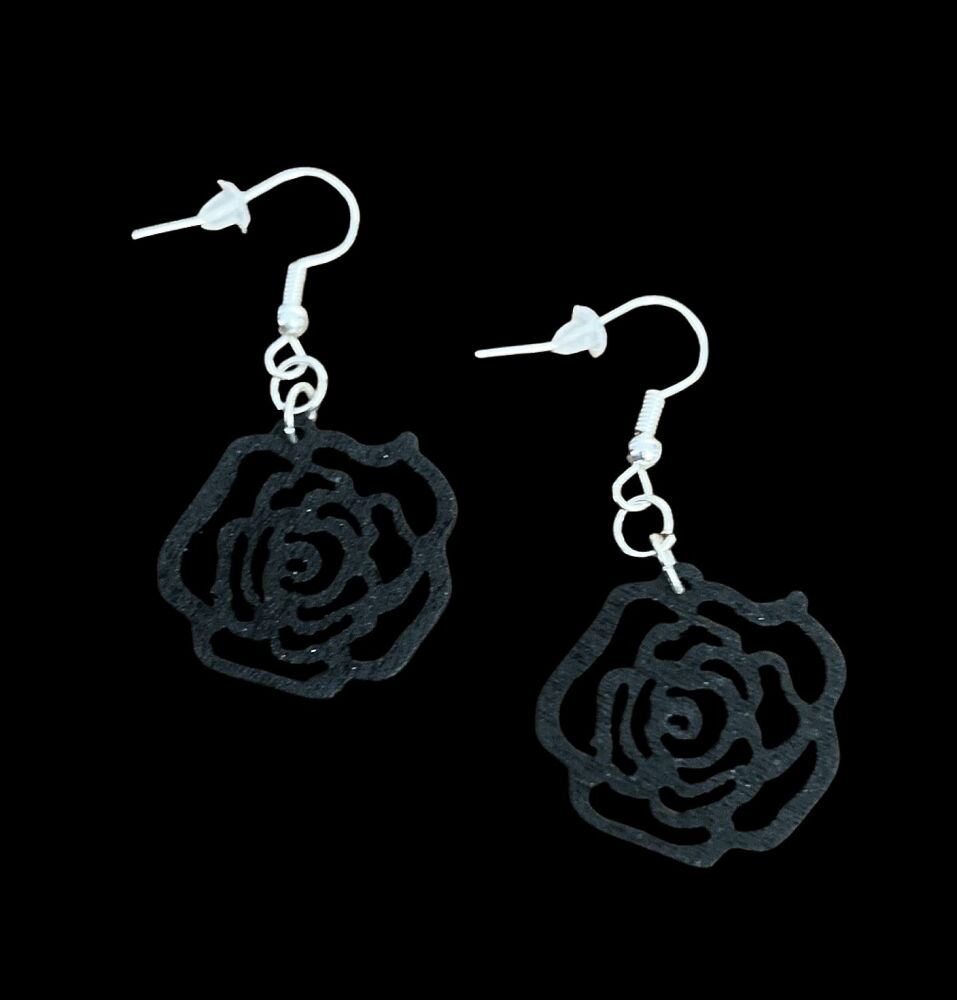 *Wooden Black Rose Earrings
