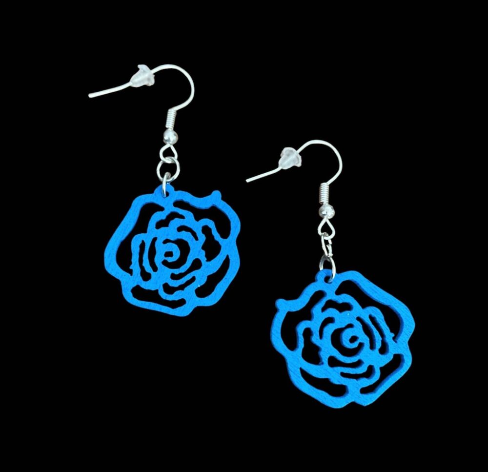 *Wooden Blue Rose Earrings