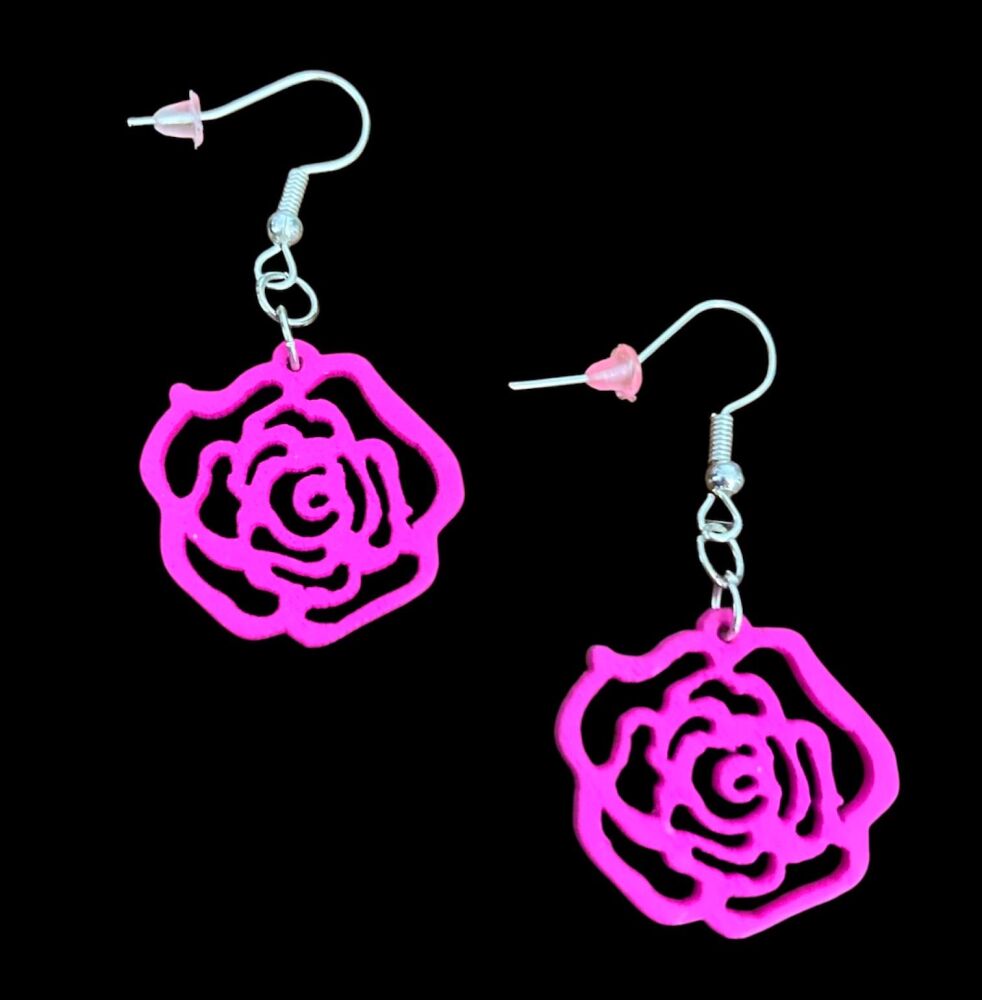 *Wooden Dark Pink Rose Earrings