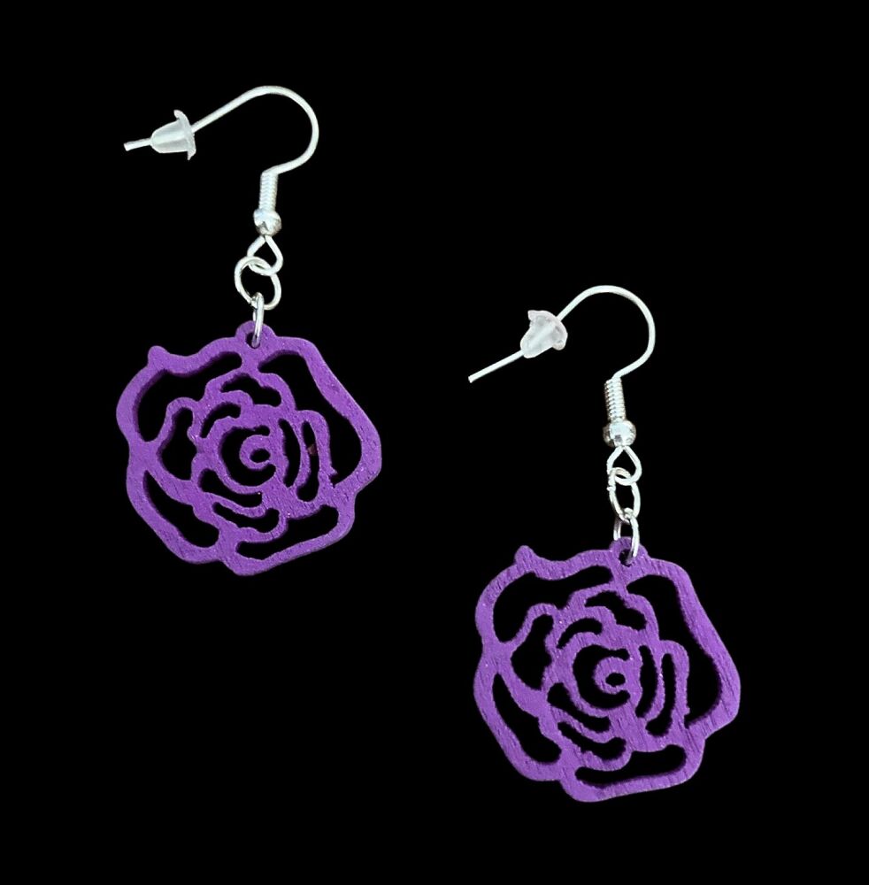*Wooden Purple Rose Earrings