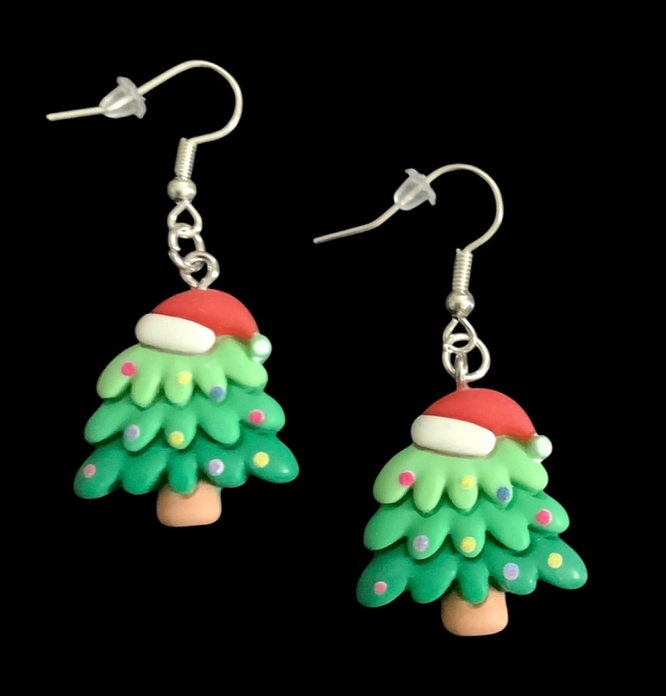 *Christmas Tree with a Santa's Hat on Earrings