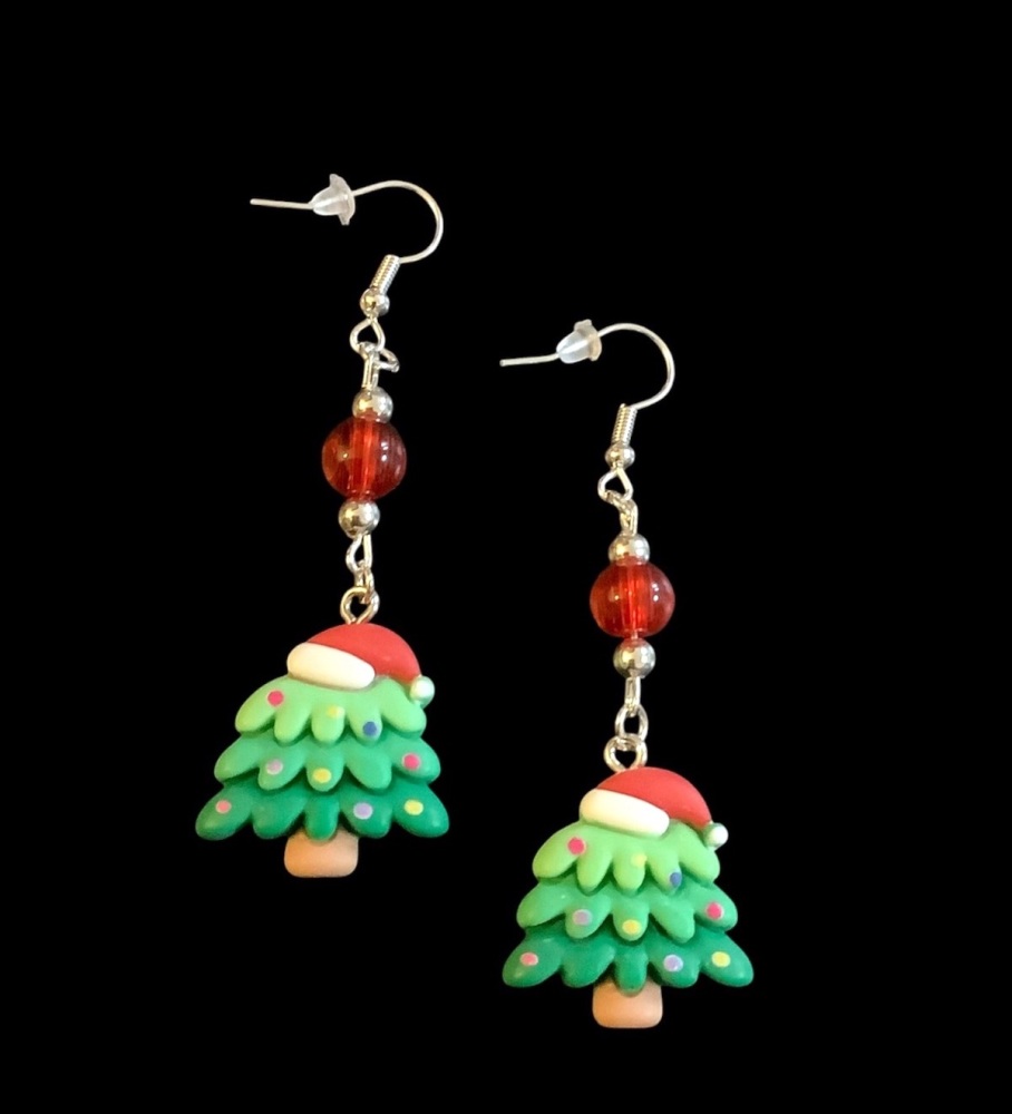 *Christmas Tree with a Santa's Hat on with a Red Bead Earrings