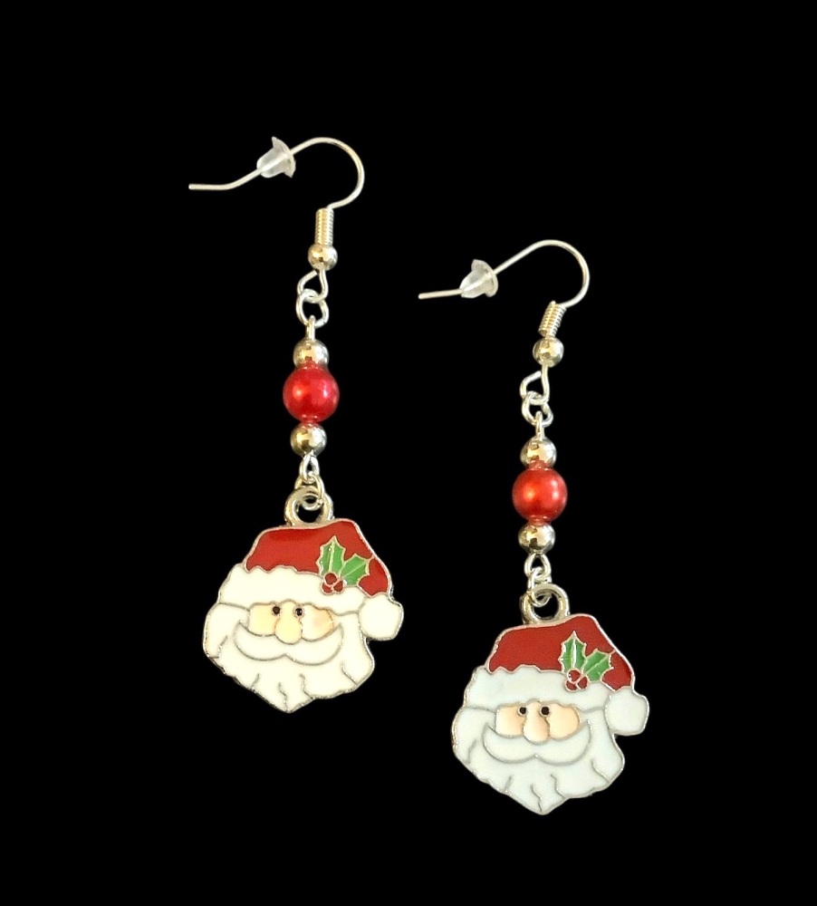 *Santa's Head Charm and Red Bead Earrings