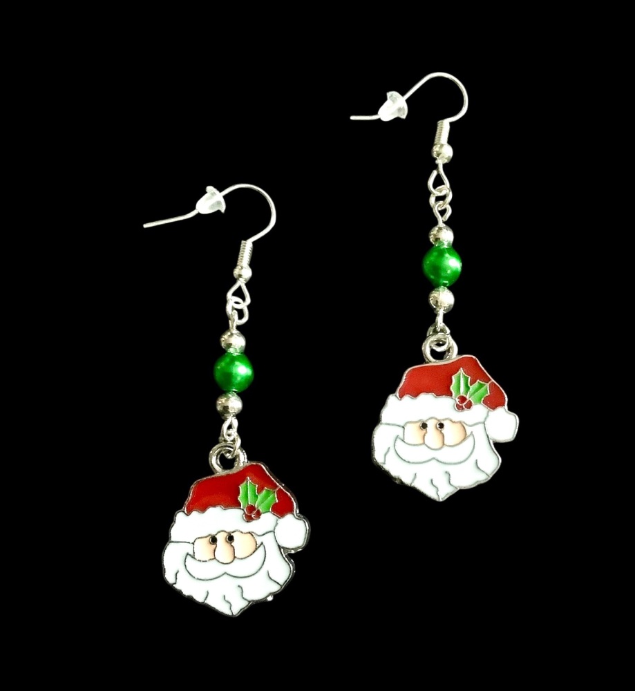 *Santa's Head Charm and Green Bead Earrings