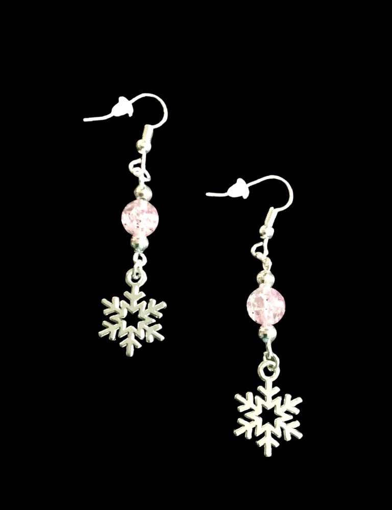 *Snowflake and Pink Crackle Bead Earrings