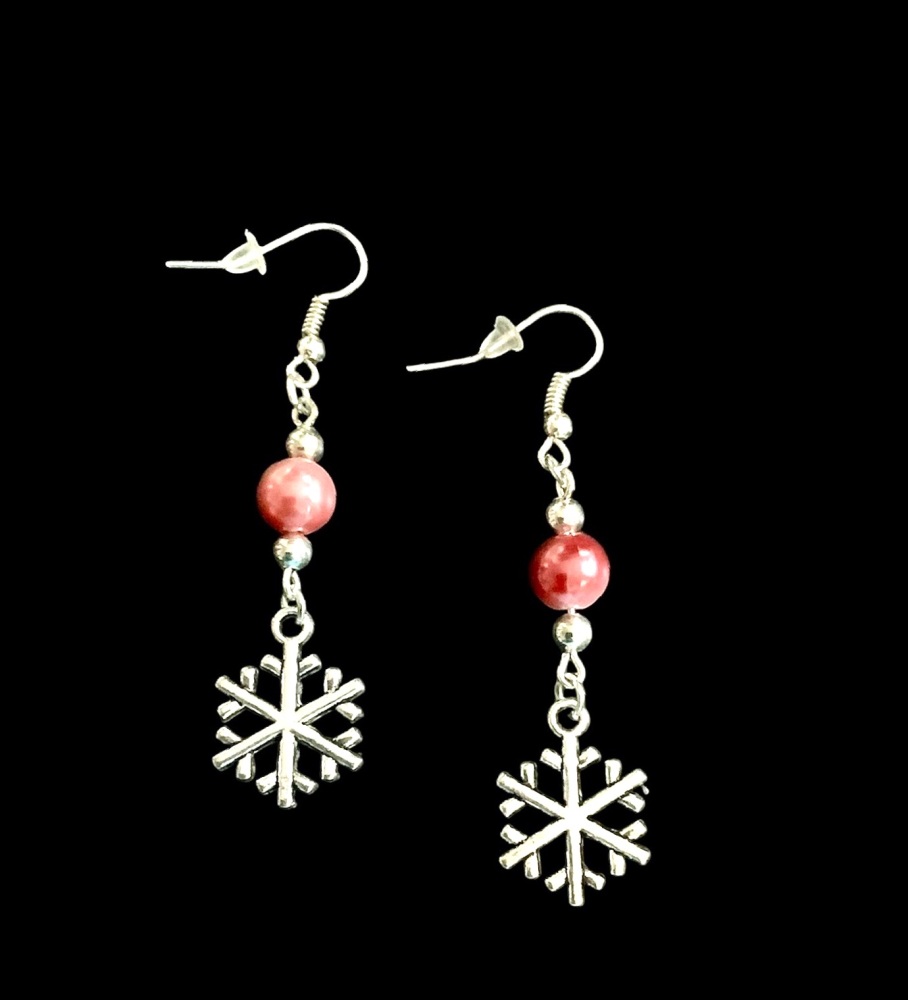 *Snowflake and Pink Two Tone Bead Earrings