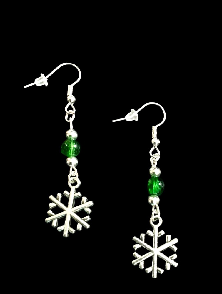 *Snowflake and Dark Green Bead Earrings