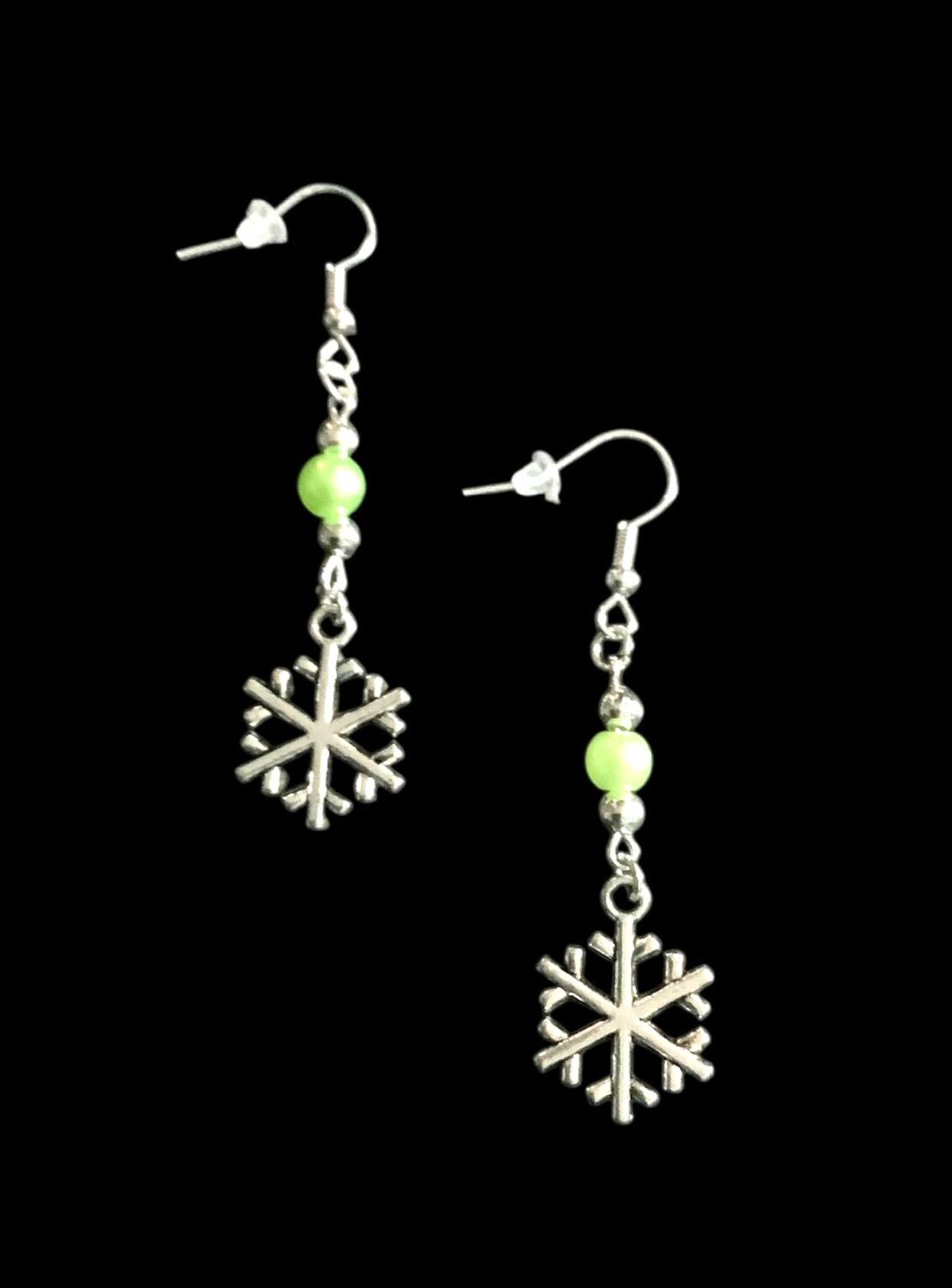 *Snowflake and Green Pearlised Bead Earrings