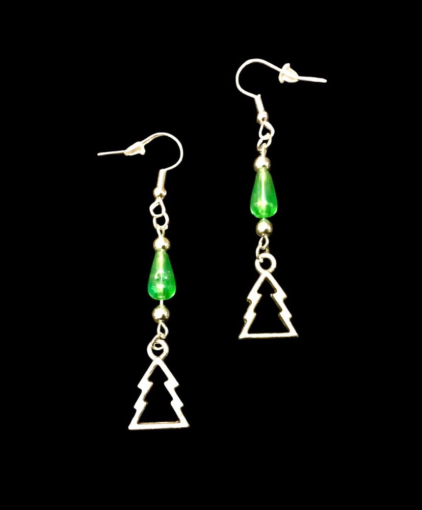 *Open Christmas Tree and Green Teardrop Bead Earrings