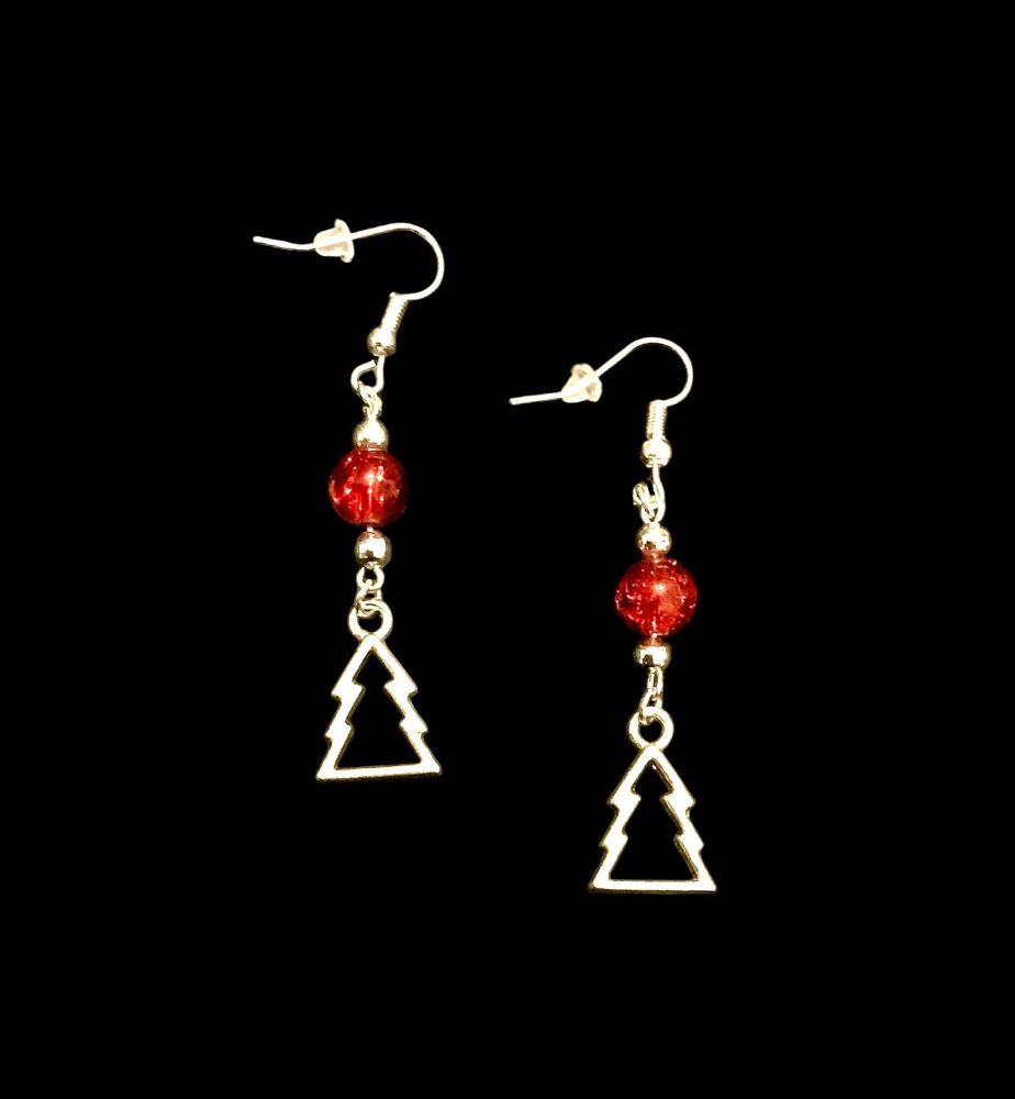 *Open Christmas Tree and Red Bead Earrings