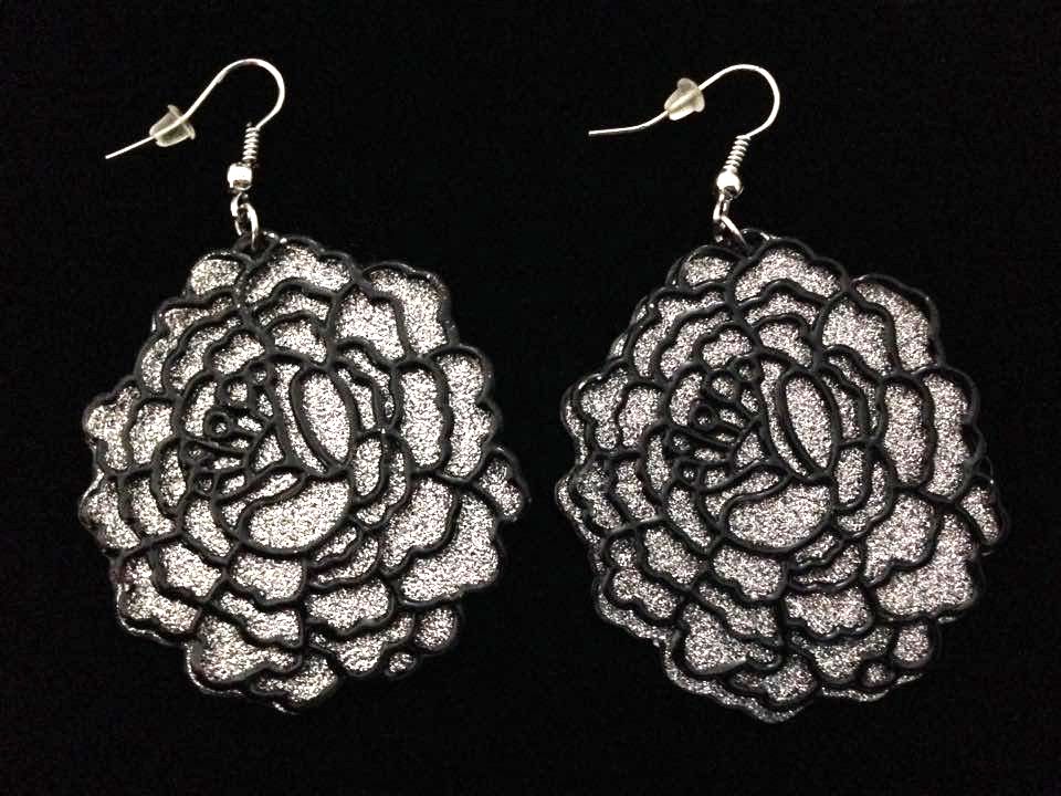 *No.175 Large Black and Silver Flower Earrings
