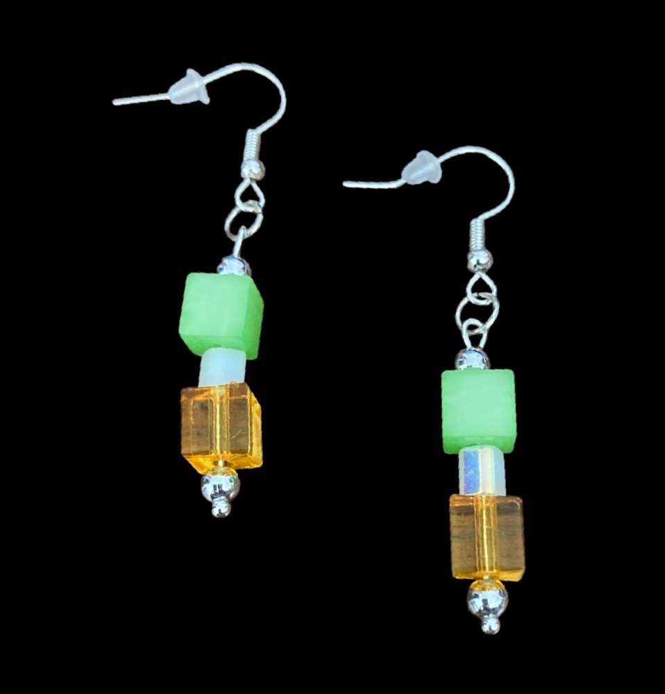 *No.111 Orange, White and Green Square Bead Earrings