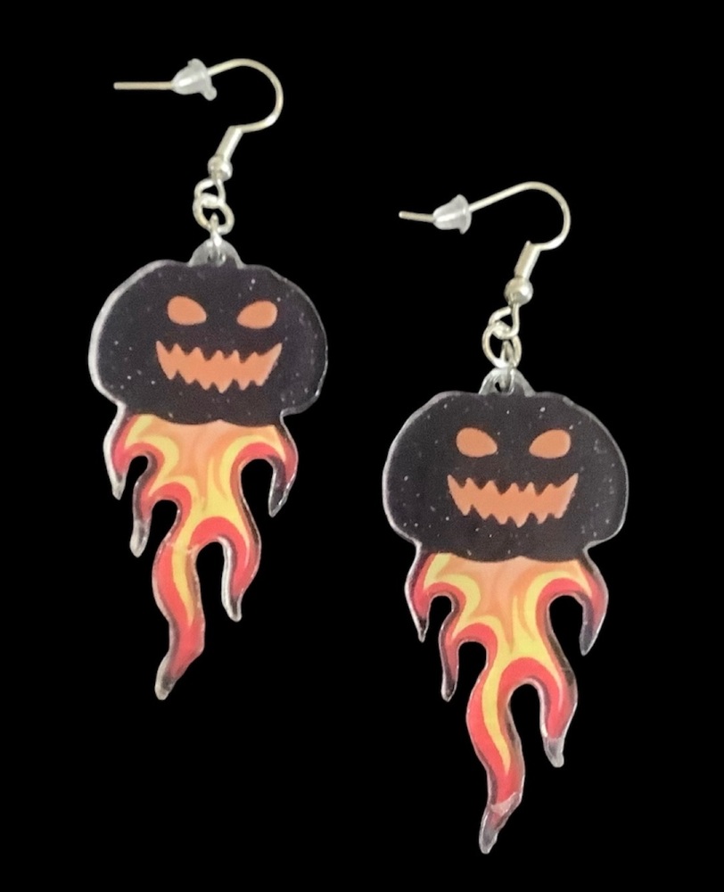 *Large Black Pumpkin on Fire Earrings