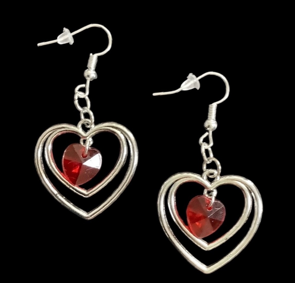 *Double Open Heart Earrings with Red Bead