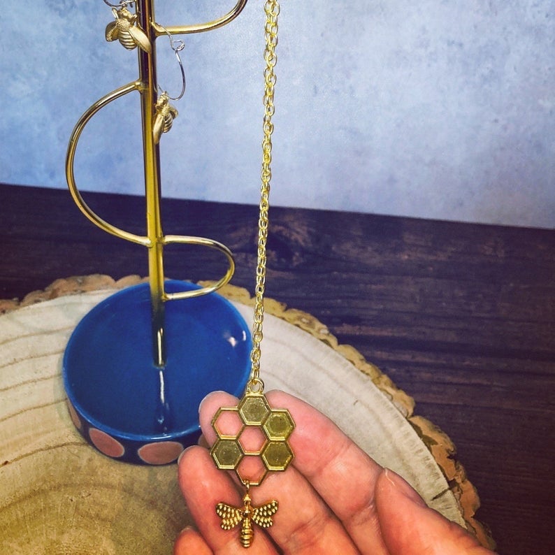 Gold plated bee and honey necklace