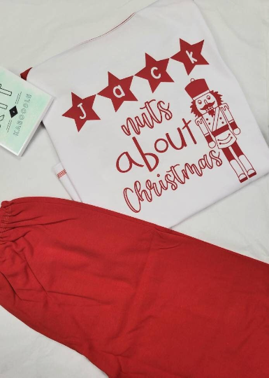 Personalised  Kids Nutcracker red pjs featuring Nut's about christmas design, red pyjama's, adult pjs, family pjs, kids pjs
