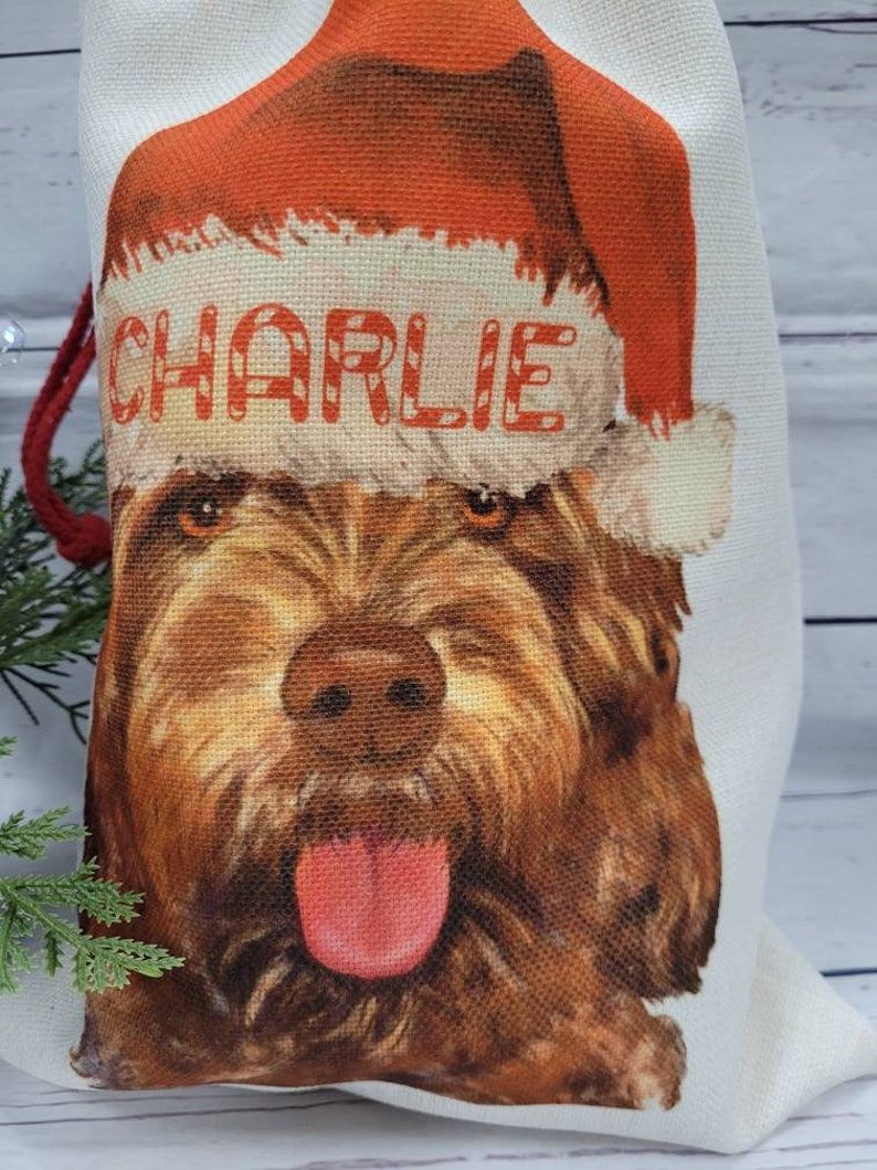 Personalised Cockapoo christmas sack, linen christmas sack, santa paws, cockapoo dog, christmas dog gift, gift for dog loverNew Product