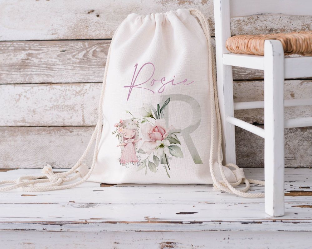 Beautiful personalised floral letter and princess drawstring bag