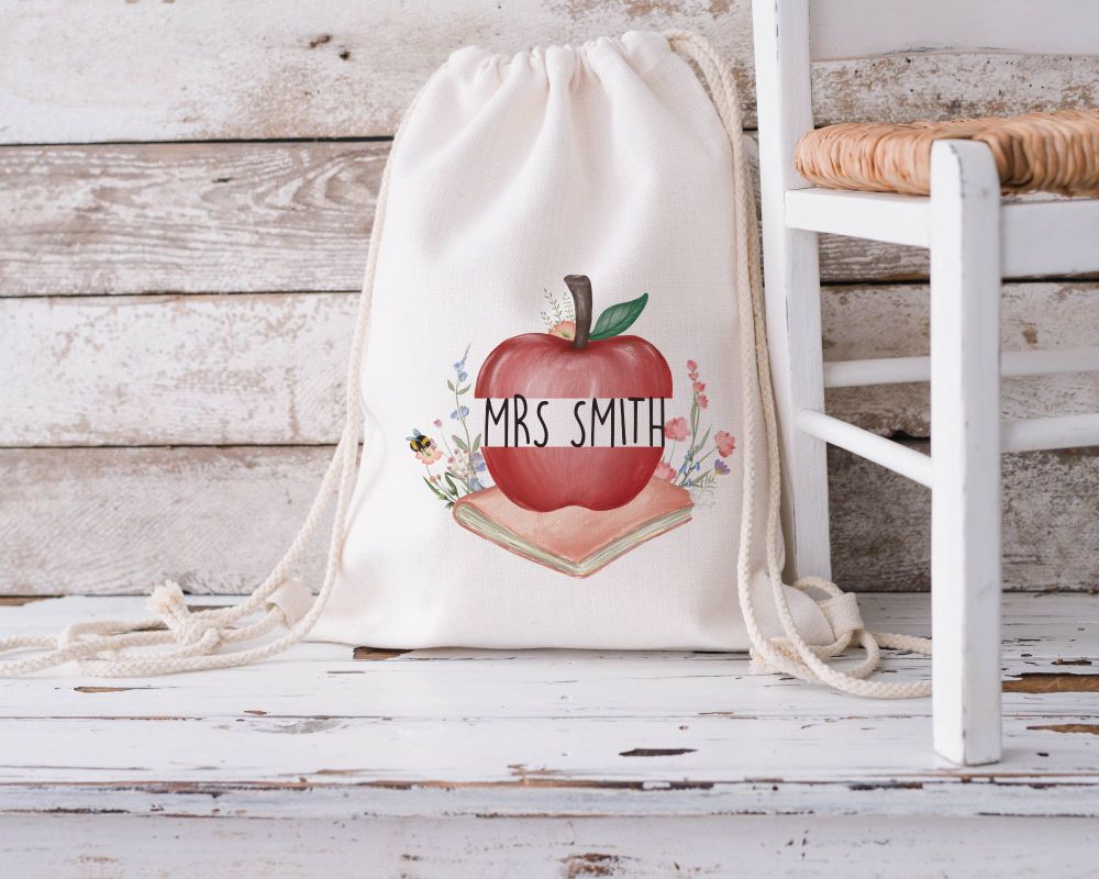 Personalised Teacher apple design drawstring bag
