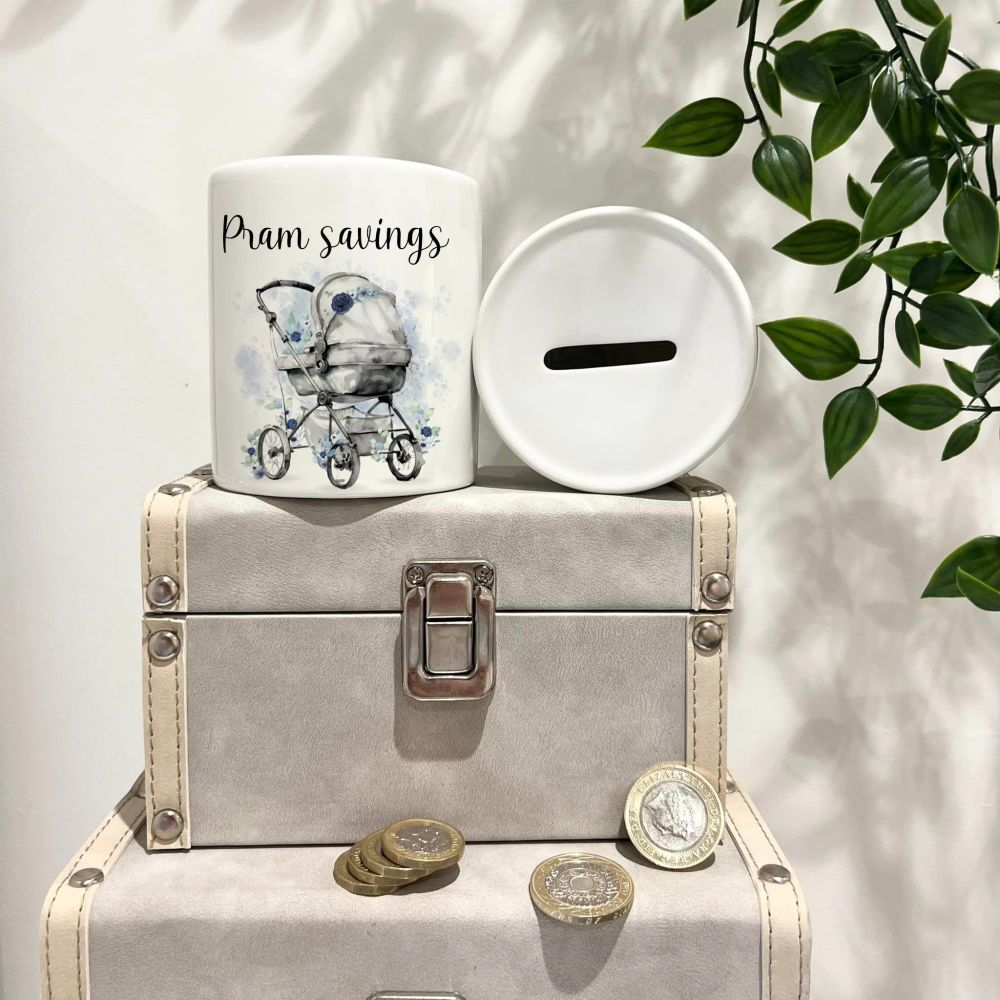 Pram Savings ceramic moneybox perfect gift for new to be parents or baby shower