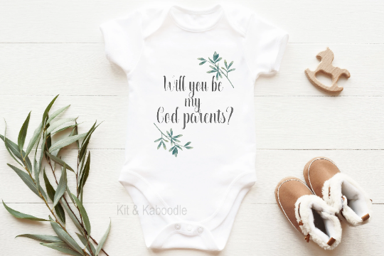 Will You Be My Godparents Baby Vest Bodysuit with green floral design Newbo