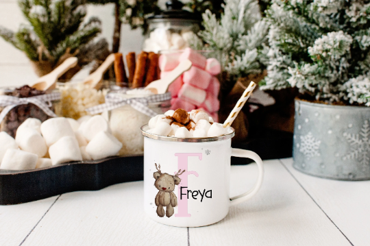 Personalised Christmas initial and rainbow mug with Hot Chocolate Mug, hard wearing mug personalised gift, hot chocolate, christmas