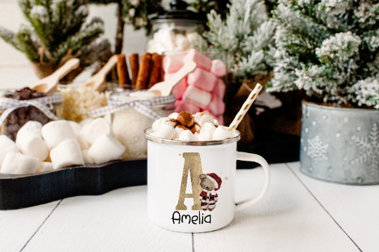 Personalised Christmas Teddy mug with gold initial Letter Hot Chocolate Mug, hard wearing mug personalised gift, hot chocolate, christmas