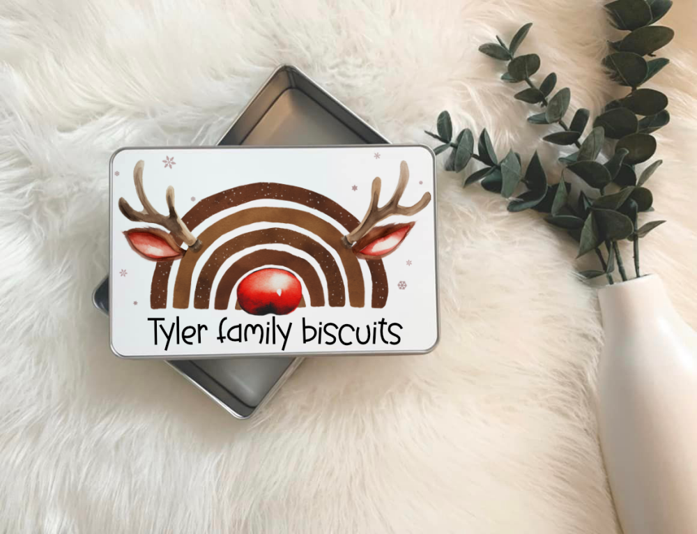Personalised reinbow deer CHristmas tin, perfect for a special christmas gift