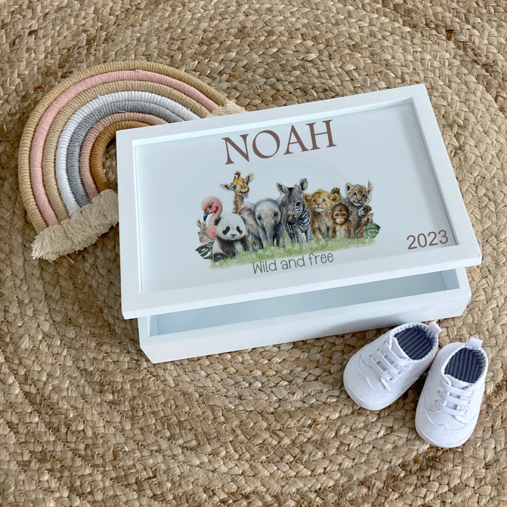 Safari themed wooden box, memory box, gift for new baby