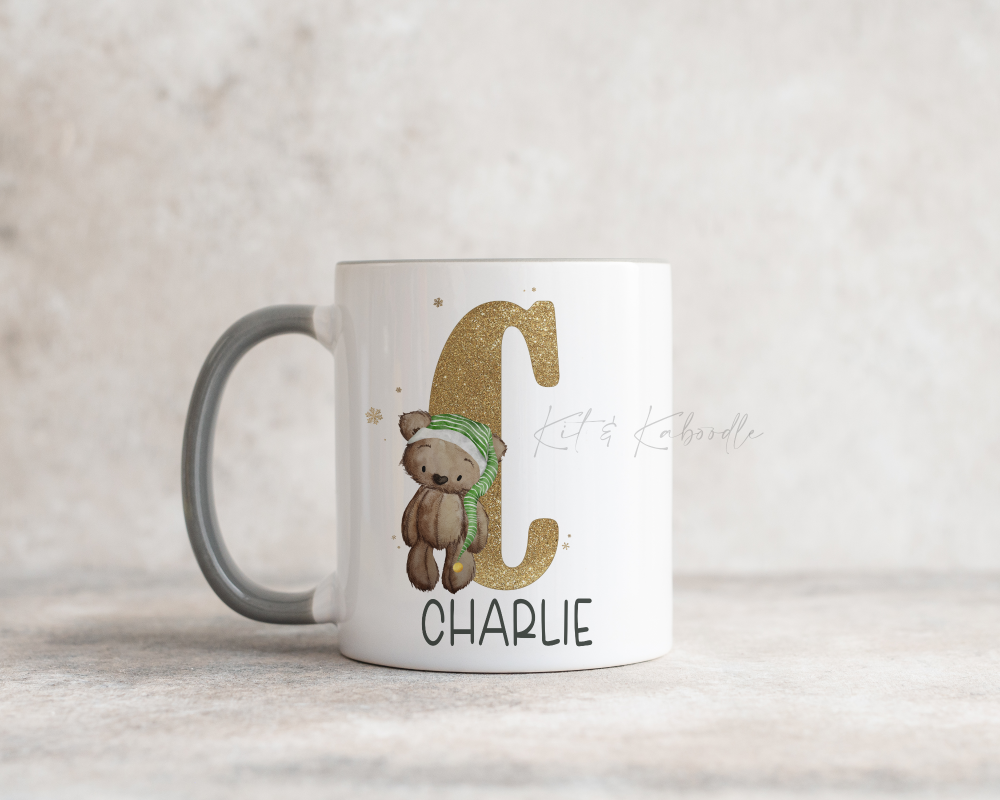 Green Teddy with gold initial personalised 11oz mug