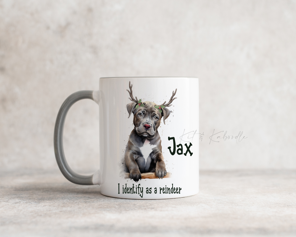 Puppy XL bully with reindeer antlers ' I identify as a reindeer' gift for X