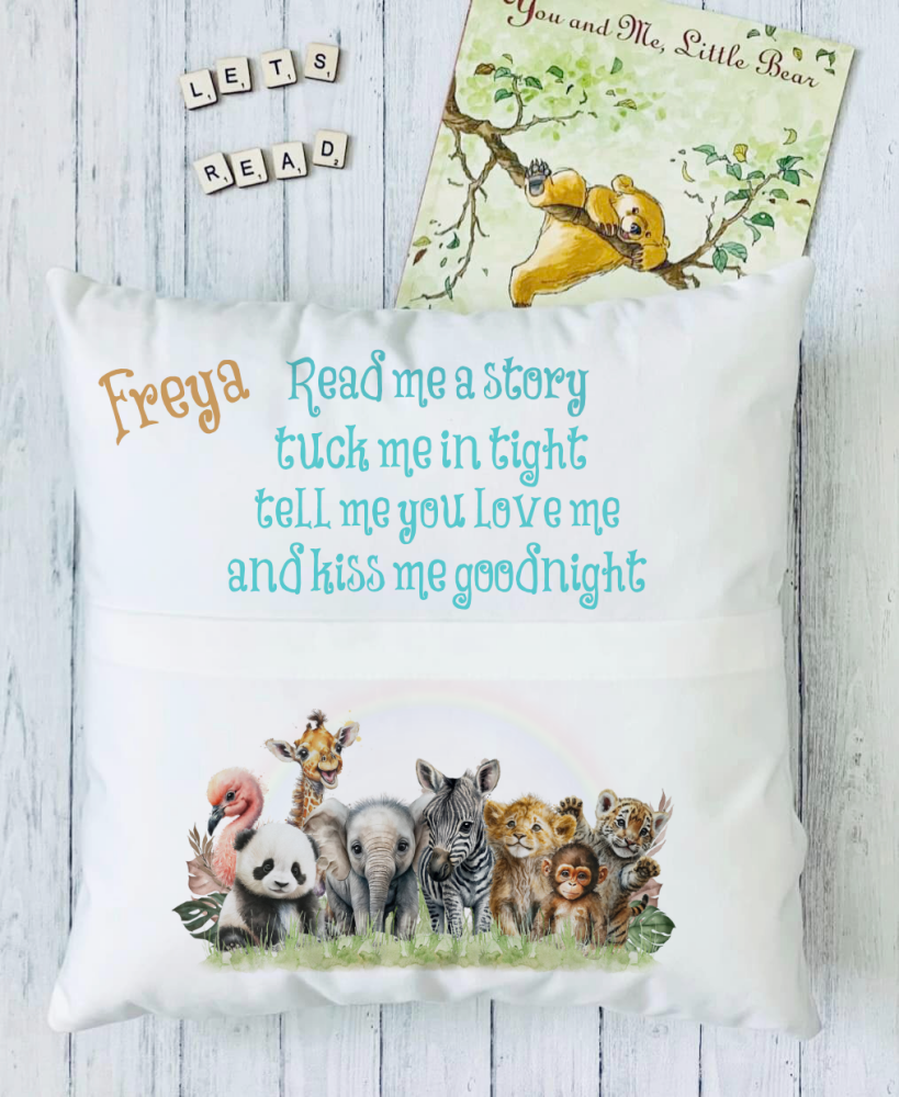 Jungle themed personalised book cushion, gift for child, gift for Easter, G