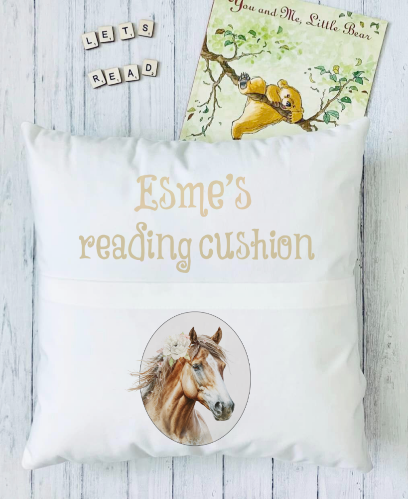Horse design pocket cushion cover, horse book reader, gift for reader, East
