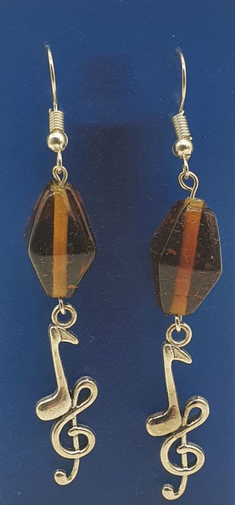 Quaver Note & Treble Clef Tibetan Silver Ear Rings with Brown Beads