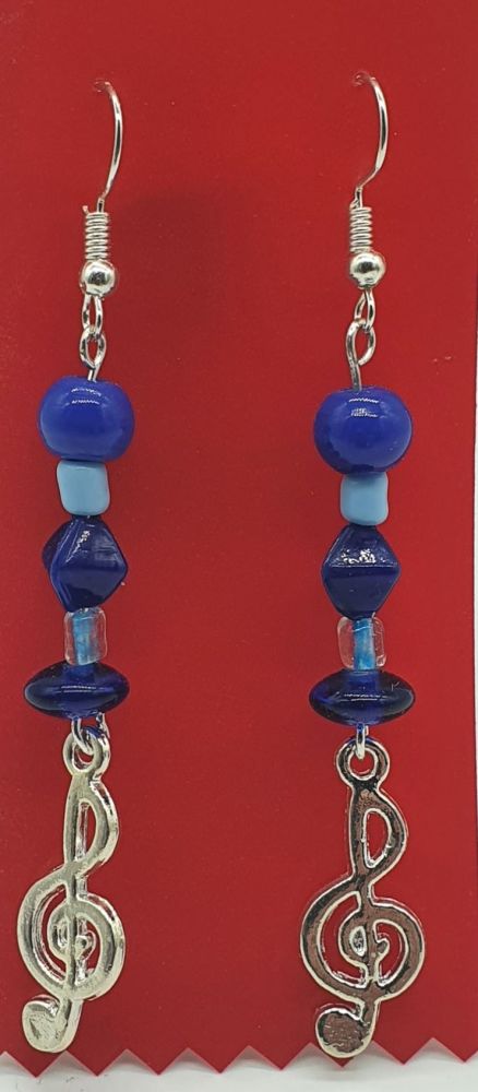 Silver Plated Treble Clef Ear Rings with Blue Beads