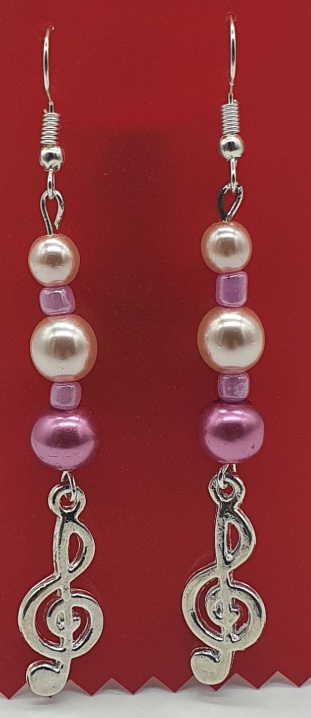 Silver Plated Treble Clef Ear Rings with Pink Beads (2)