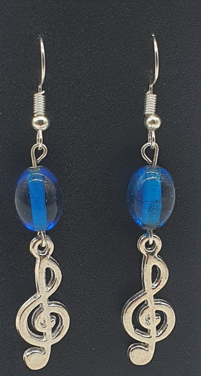 Silver Plated Treble Clef Ear Rings with Blue Beads (2)