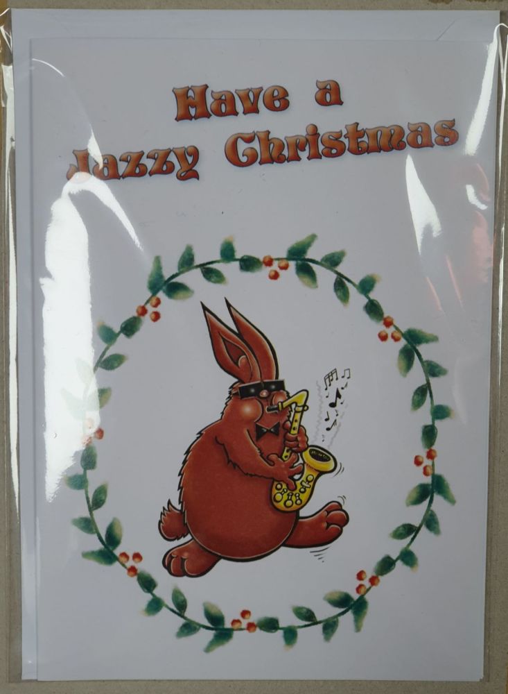 Have A Jazzy Christmas - Wreath Greeting Card - Rabbit with Saxophone