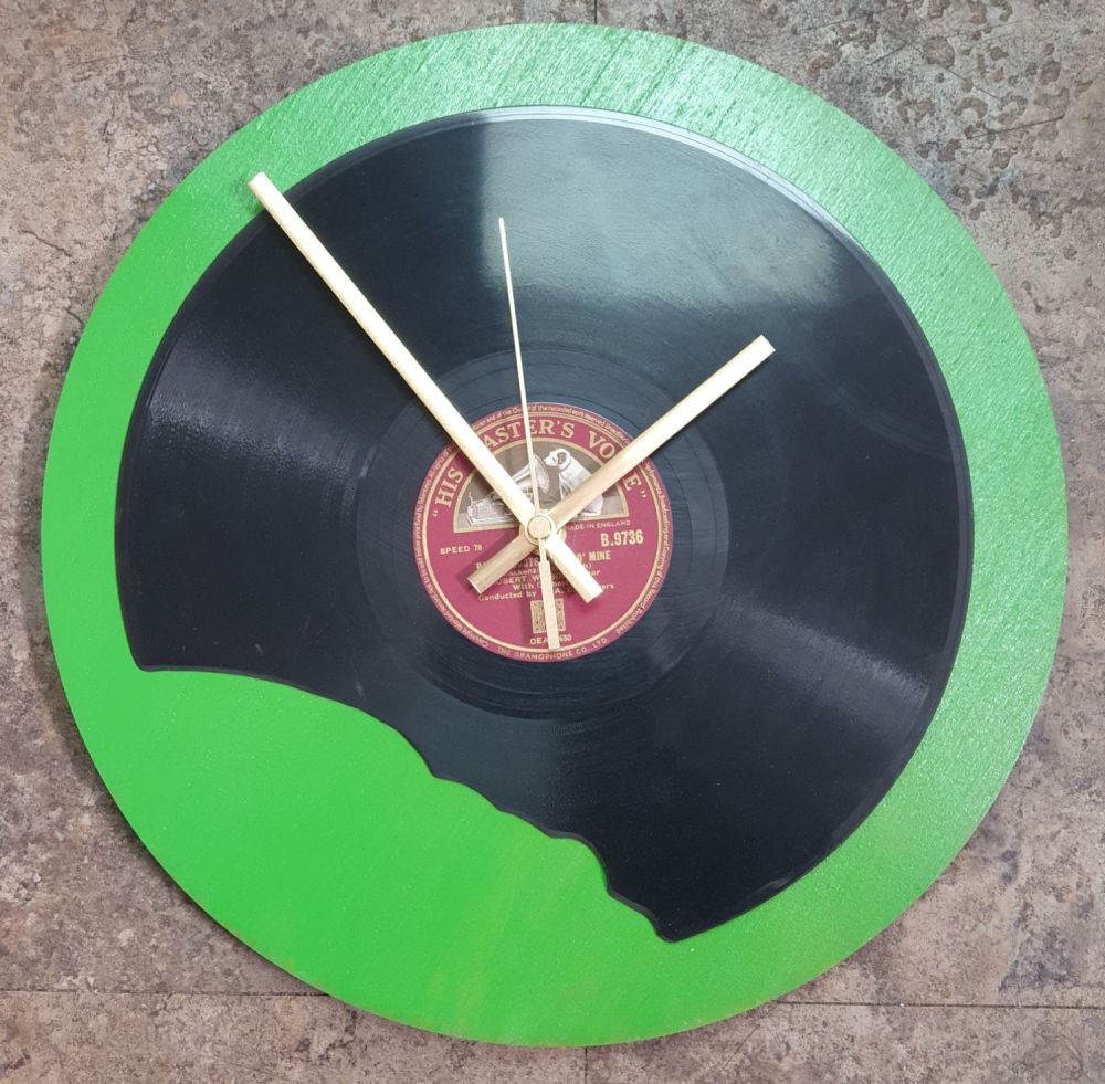 Broken Record Clock - 78rpm Record with Green Backboard & Clock Movement