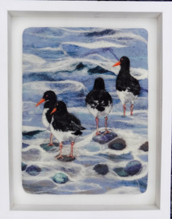 Oystercatchers in the Waves, Handfelted wool.