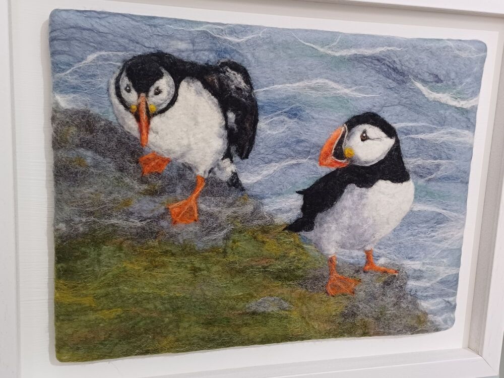Puffin Pair, Handfelted wool.