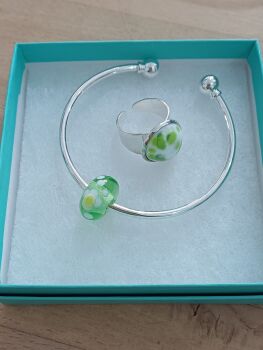 Pembrokeshire Field, pale speckled green bead bangle and ring set